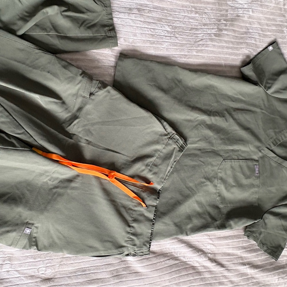 Figs Olive Green Scrub Top with Orange Drawstring Accent